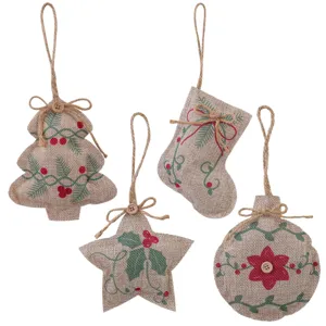 Lot d'ornements de Noël en toile de jute rustique avec sapin, étoile, chaussette et boule