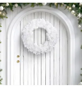 Élégante couronne de Noël blanche suspendue à une porte cintrée pour la décoration