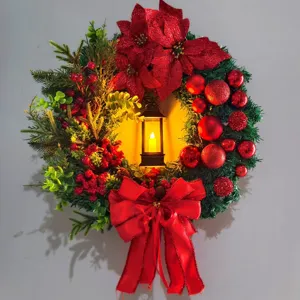 Ghirlanda di Natale Con Lanterna Fiocco Aghi di Pino Artificiali Ghirlanda per Porta D'ingresso Parete Finestra Festival Decorazioni per la Casa Ornamento Natalizio