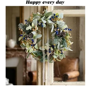 Detailed view of artificial Christmas wreath with berries and pine cones on a rustic frame