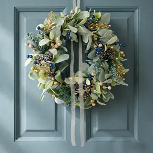 Artificial Christmas Wreath Lambs Ear Leaves Blue Gold Berries Pinecones Front Door Wall Decor Winter Holiday Decoration