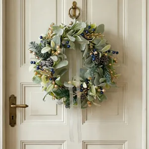 Eucalyptus lamb's ear wreath with blue berries and pine cones for Christmas decor