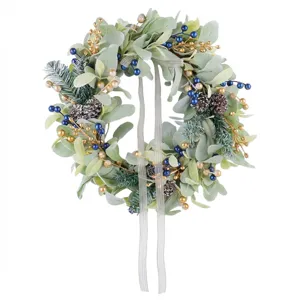 Artificial Christmas wreath with lamb's ear leaves, blue berries, and gold accents