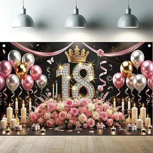 18th Birthday Party Photography Backdrop Black Gold Pink Balloons Flowers Backdrop Banner Happy Birthday Celebration Decoration Polyester Wall Tapestry For Photography Studio