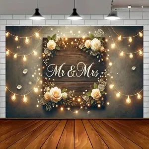 Eleganter Mr & Mrs Hochzeitsfoto Hintergrund mit weißen Rosen und warmen Lichterketten