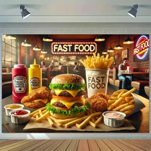 Fast food theme photography backdrop with burger and fries for birthday party decorations