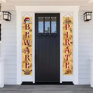 Vintage Pirate Theme Door Couplet Banner Polyester Decorative Hanging Flags With Skull Helm For Halloween Party Home Porch Decor