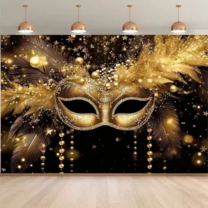 Carnival Masquerade Party Backdrop Golden Mask Feather Pearl Glitter Black Background Photography Studio Prop Wall Hanging Decor