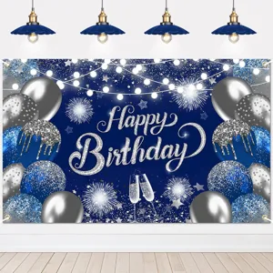 Navy Blue Silver Happy Birthday Backdrop Balloon Champagne Fireworks Photography Background Indoor Outdoor Party Decoration