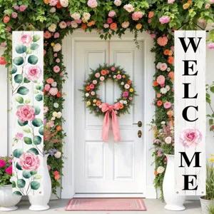 Set of floral welcome porch banners featuring pink roses for elegant garden door decoration