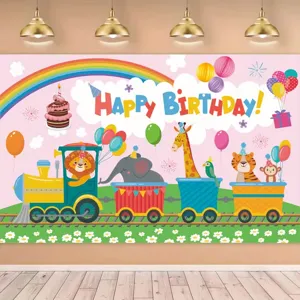 Colorful cartoon animal train theme kids birthday party photography background banner