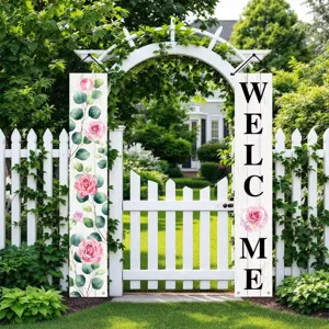 Pastoral style porch banners with pink rose and 'WELCOME' hanging on a garden arch.