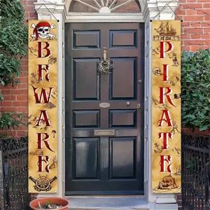 Pirate theme banners for front door decoration featuring vintage skull and ship
