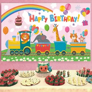 Cartoon animal train photography backdrop for children birthday party event decoration