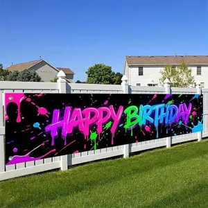 Vibrant neon Happy Birthday banner for outdoor yard party fence decoration