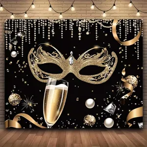 Golden masquerade mask party backdrop with champagne and pearl elements for photography