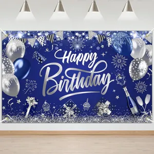 Blue and silver birthday photography backdrop with balloons champagne and gifts