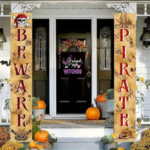 Spooky Halloween pirate theme porch banners with skull and helm design for outdoor party decor