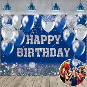 Elegant blue and silver glitter balloon birthday photography backdrop for indoor party decorations