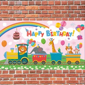 Cartoon animal train themed birthday party backdrop for kids photography decoration