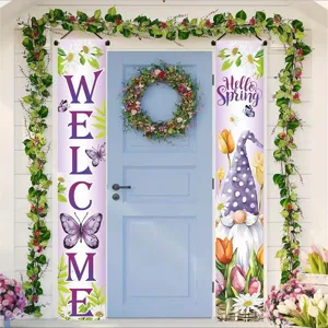 Frühling Willkommen Veranda Banner Lila Wichtel Blumen Schmetterling Drucken Hängende Couplet Haustür Outdoor Home Garten Dekoration