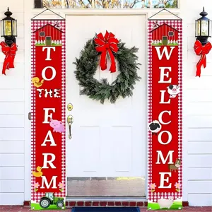 Rood Geblokt Boerderij Veranda Banner Welcome To The Farm Veranda Bord Polyester Hangende Banner Met Cartoon Dieren Decor