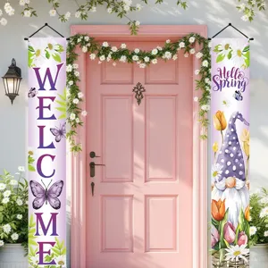Frühlings-Veranda-Banner-Set mit Gnom-Blumen- und Schmetterlingsdruck-Willkommensschild