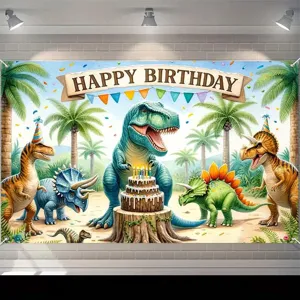 Cartoon Dinosaurier Happy Birthday Hintergrund Für Kinder Party Dekoration Tropischer Dschungel Vulkan Fotografie Hintergrund Polyester
