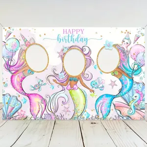 Meerjungfrau Thema Geburtstag Party Hintergrund Hohl Gesicht Foto Requisiten Kinder Feier Dekoration Polyester Gewebe Tuch