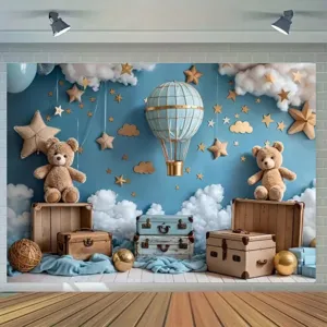 Travel themed photography backdrop featuring a teddy bear and hot air balloon