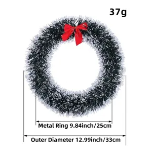 Festive green and white tinsel Christmas wreath with a red bow and detailed dimensions