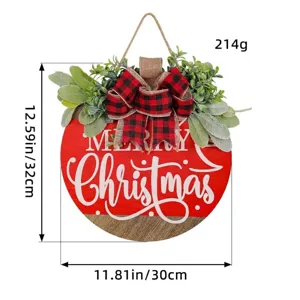 Couronne de porte festive Merry Christmas en bois avec nœud à carreaux et verdure artificielle