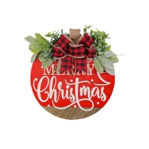 Plaque de porte rustique Merry Christmas en bois avec verdure et nœud à carreaux rouge