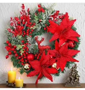 Detailed view of a Christmas wreath with red poinsettias, reindeer, and golden balls.