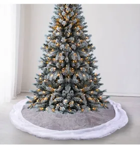 Premium grey flannel Christmas tree skirt with elegant plush white faux fur trim