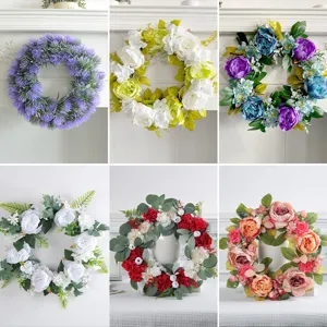 Six styles of elegant artificial peony flower wreaths for festive door and wall decor