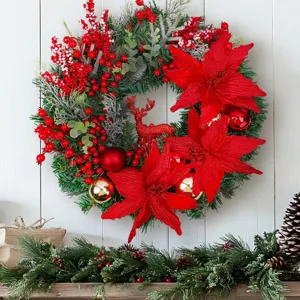 Christmas Wreath Red Poinsettia Artificial Pine Needles Red Berries Reindeer Ornament For Front Door Window Wall Hanging Party Decor