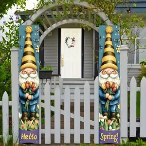 Spring Gnome Porch Sign Banner Hello Spring Tulip Floral Outdoor Hanging Decoration For Garden Home Front Door Decoration