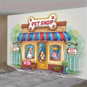Cartoon Pet Shop Theme Photography Backdrop Colorful Animal Dog Pattern Polyester Wall Tapestry For Kids Birthday Party Decor
