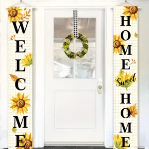 Welcome Home Bannières de Porche Tournesol Carreaux Jaunes Décoration de Porte Automne pour Maison Jardin