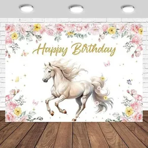 Equestrian Horse Birthday Backdrop Floral Cowboy Boots Decoration Polyester Photography Background Rural Style Party Decor Hanging Banner
