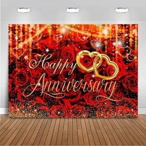 Toile de fond anniversaire roses rouges et cœurs dorés pour décor de fête romantique