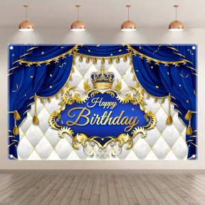 Luxuriöser blau-goldener Geburtstags-Hintergrund mit goldener Krone und Samtvorhang-Design