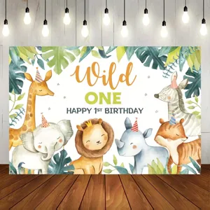 Sfondo primo compleanno animali della savana tema giungla Wild One con luci appese