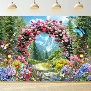 Fairy tale forest photography backdrop featuring flower arch and butterflies for parties.