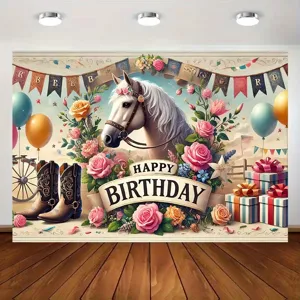 Floral horse and cowboy boots photography backdrop for birthday party decorations