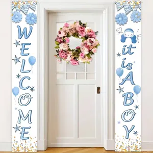 Decorative It's a Boy baby shower door banners for porch with Welcome text and blue theme