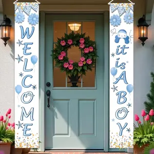 Blue Baby Shower porch banners featuring Welcome and It is a Boy text displayed on a front door