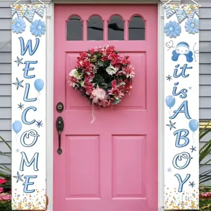 Blue 'It's a boy' baby shower porch banners set for front door decor
