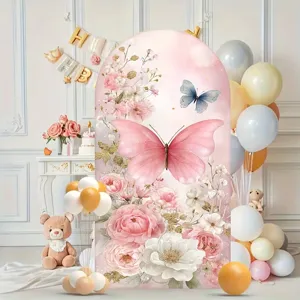 Pink butterfly floral arch backdrop cover for a dreamlike spring party theme decoration